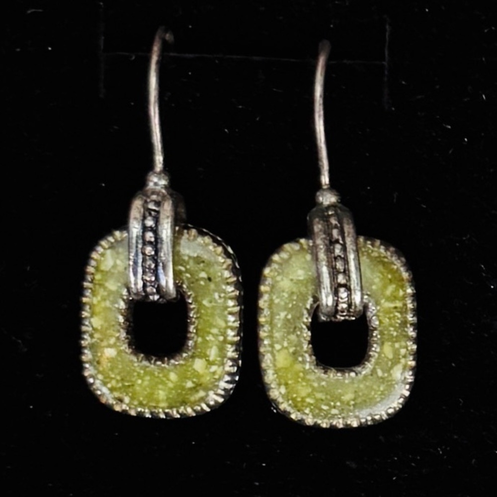 Gorgeous, bohemian chic, aged, silvertone, olive green pierced earrings